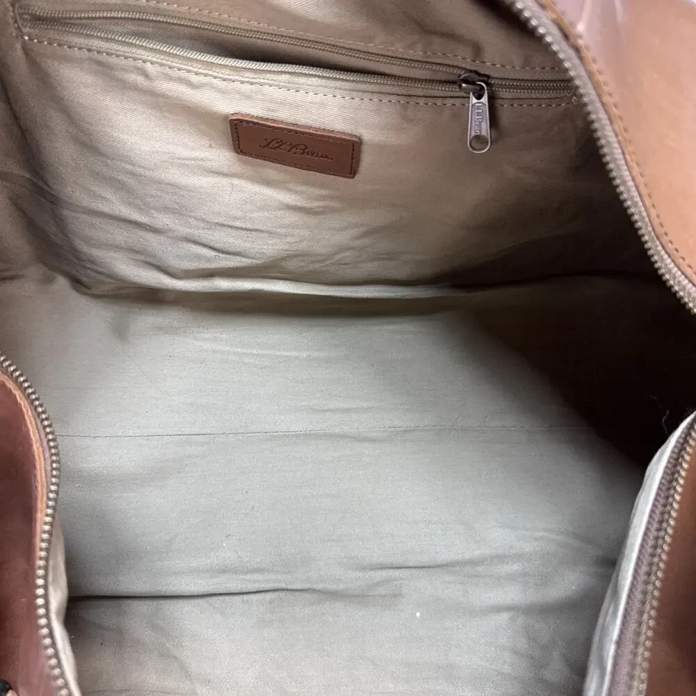 L.L. Bean Signature Cognac Brown Leather‎ Travel Duffle Weekender Canvas Lined